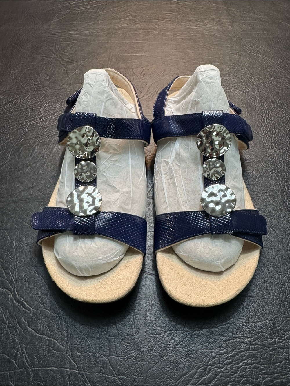 Vionic Farra Navy Lizard Embossed Ortho Comfort Sandals Size 8 Metallic Disc